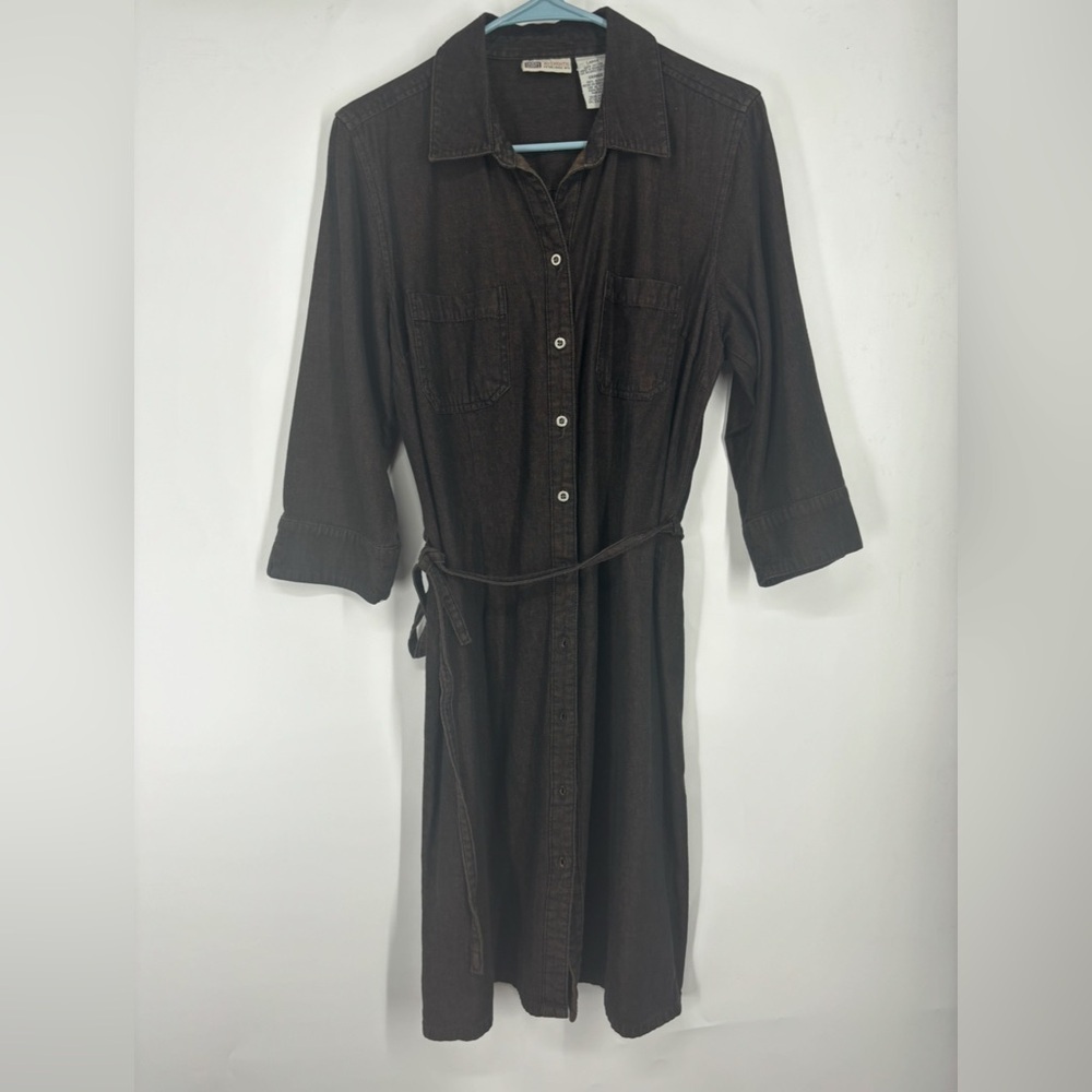 NWOT Vintage Faded Glory Black Button Up Belted Long Sleeve Shirt Dress Large